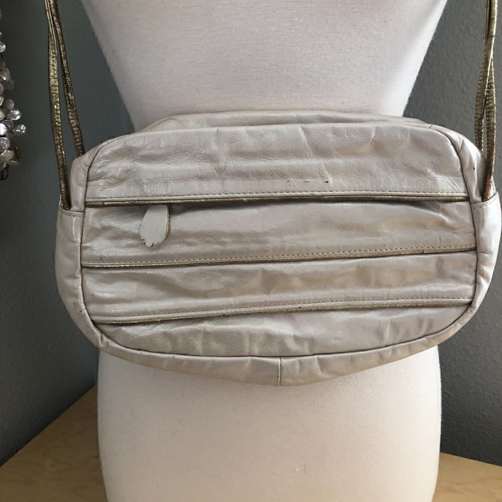 Vintage BILL DORF Metallic Beige Leather Crossbody Bag Studio 54 Disco 80's